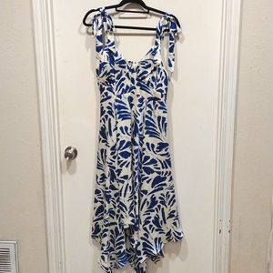 NWT Alexis For Target Blue & White Floral Shoulder Tie Handkerchief Hem Dress L